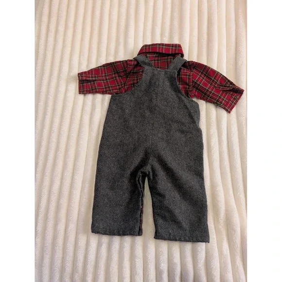 The Childrens Place Baby Boy Red Plaid Shirt  Grey Teddy Bear Overalls Set 0-3M - Picture 2 of 3